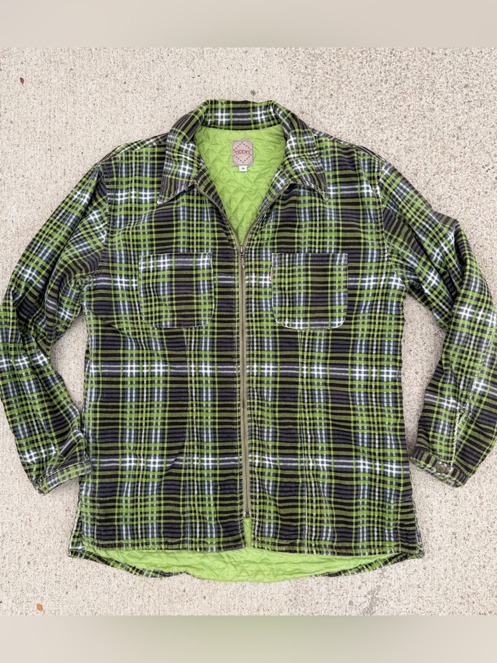 Vintage Y2K Green Plaid Corduroy Zip Up Shirt Jacket Quilted Lined Size M Unisex